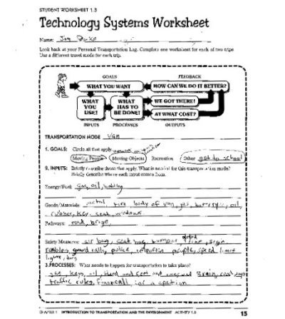 transportation technology systems worksheet